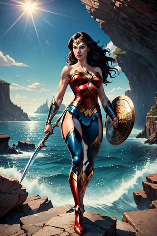 ((fantasy art)), action, heroism, grandeur, power, sensuality, dazzling shadows, expertly detailed, epic, powerful and profound. Wonder Woman from DC Comics is standing on a large rock, she is above us, bottom up view, Wonder Woman is incredibly beautiful, slender, dynamic pose, action pose, she is holding a sword and shield, her legs are slightly bent, dynamic pose, battle pose, she stares at the camera, Her hair is very long and flowing. Full body, full body body. view from below, she is on top of a large rock, the waves crash against the rock she is standing on, it is raining. Style Jim Lee, Ed Benes, Ivan Reis, Frank Cho. ((best quality)), ((masterpiece)), (high resolution: 1.2), ((best quality)), ((masterpiece)), (high resolution: 1.2)