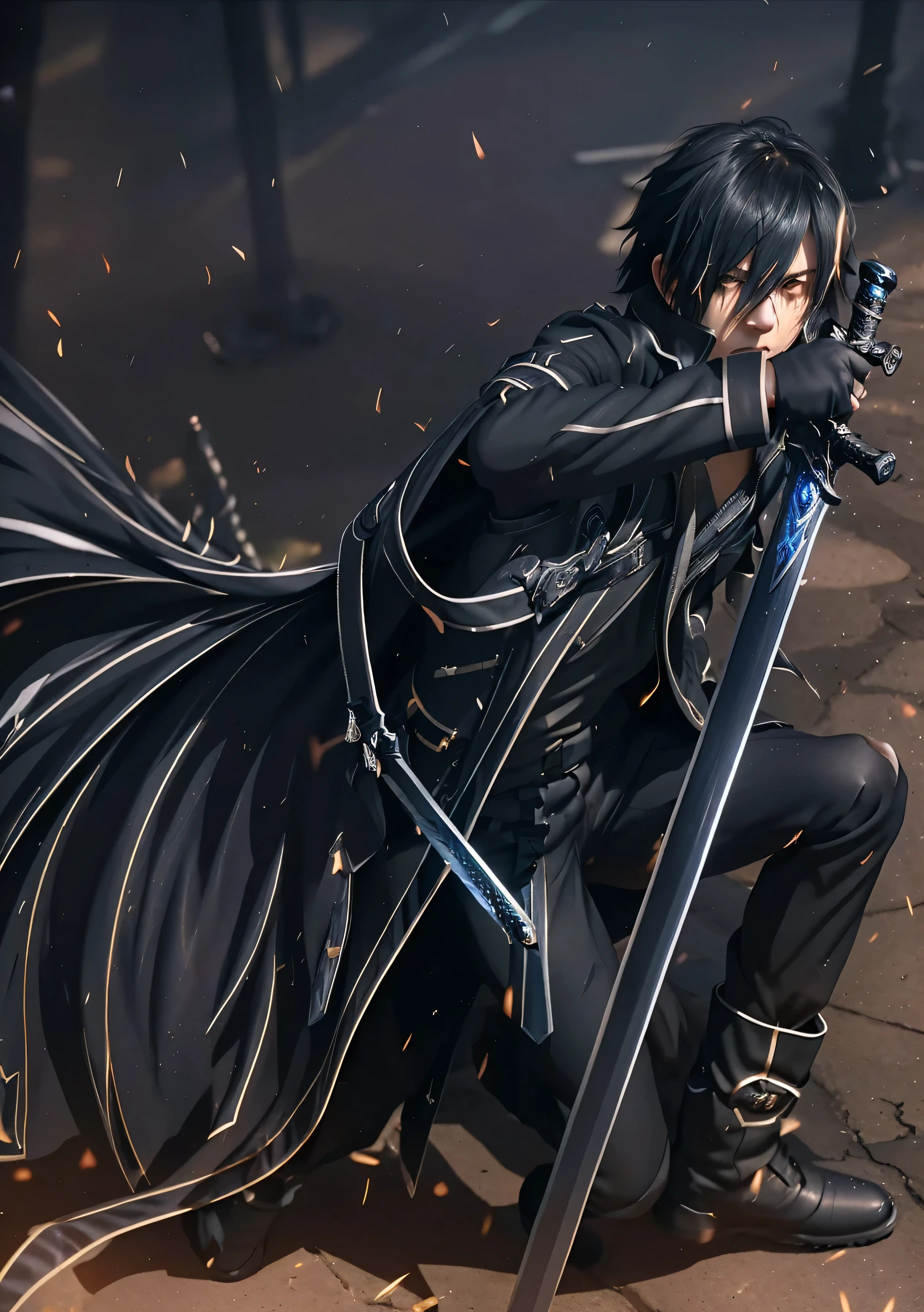 ((vindictive)), UHD ((spoiteful)),photorealistic, realistic skin,An alluring portrayal of a boy with an emo aestheticand Kirito (Kazuto Kirigaya) from SAO bring long black and blue swords on back, highlighting his gorgeous face against a dark backdrop. His features should exude a sense of mystery and depth, with (messy:1.2) and (tousled:1.1) hair falling over one eye. He is dressed in a classic outfit that complements his style, black and blue swords in back ,with a (modern twist:1.1). The image should have a (contrasting:1.2) lighting, perfect lighting emphasizing the contours of his face and creating a captivating interplay of light and shadow. The overall tone should be moody and atmospheric, capturing the essence of his emo persona.full body, night city background 