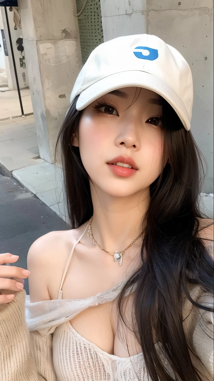 Close-up of a woman in a hat and sweater, She is wearing a choker and a cute hat, Mulher sul-Korean bonita, linda mulher Korean jovem, Korean, Ulzzang, mulher Korean jovem bonita, Young and pretty Asian face, 19-year-old girl, Young and adorable Korean face, Shision Wu, Beautiful Asian Girl, One adorable Korean face