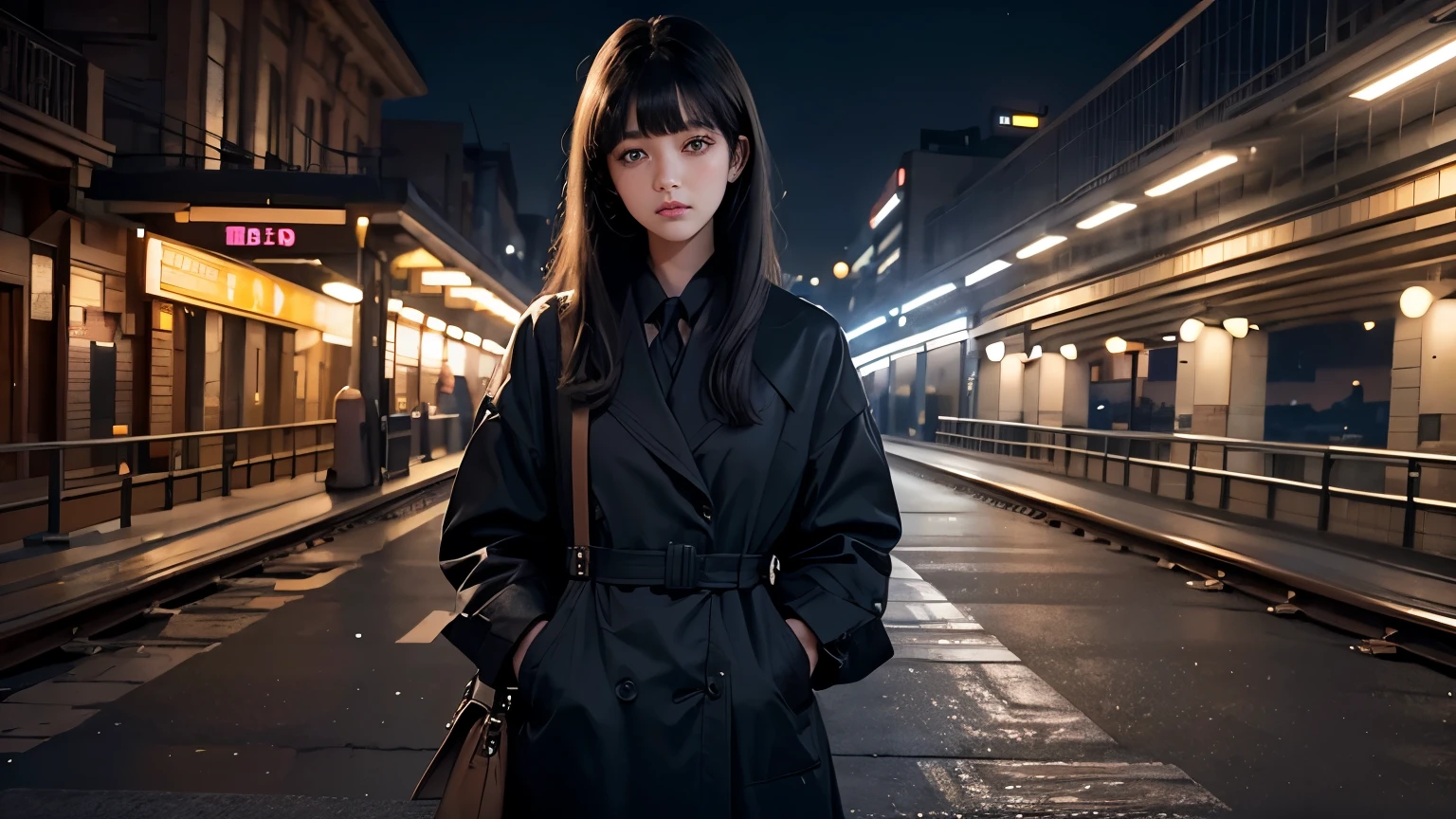 A beautiful woman. Detailed drawing of the face. Beautiful double eyes. The bridge of my nose. Well-shaped lips. Twenty years old. Her bangs are down and her hair is black. She is standing on a deserted station platform at night. He has a serious expression on his face. A masterpiece.