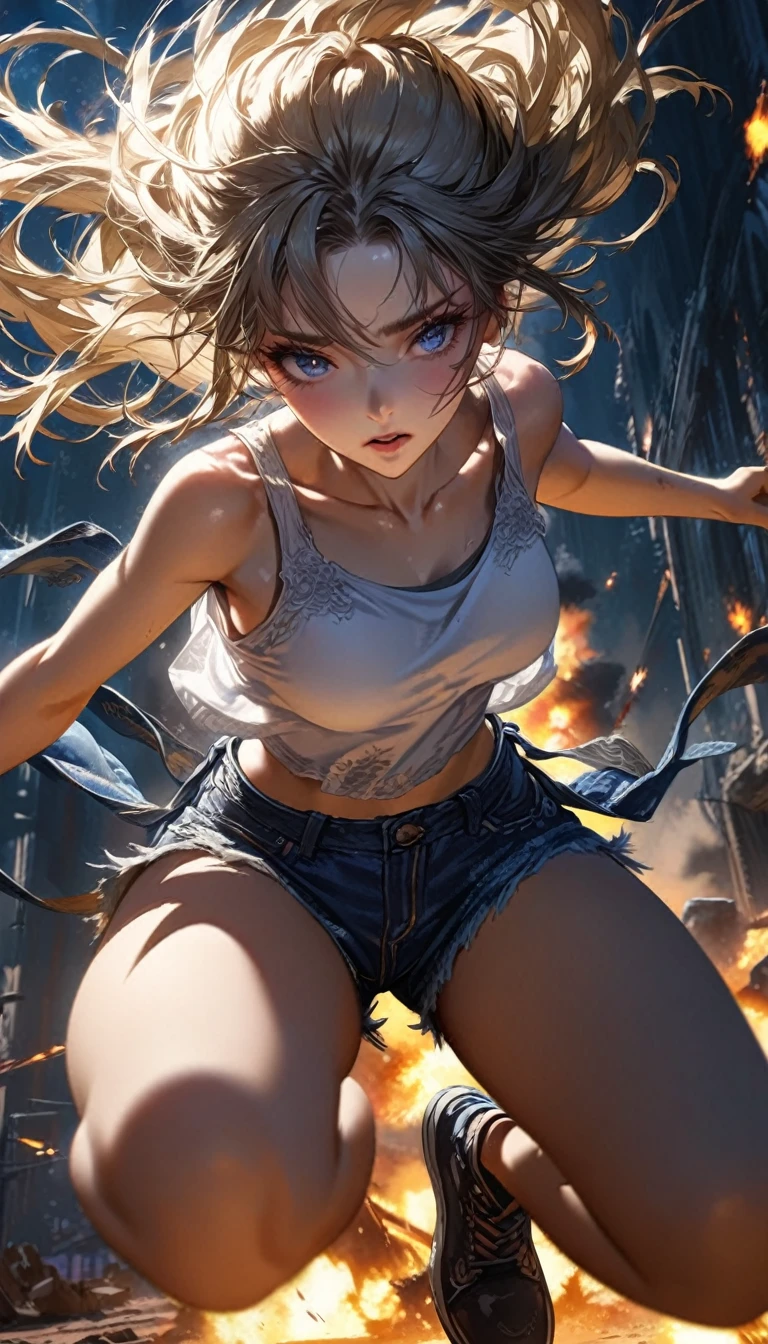 1 girl, ((super detailed, high resolution, super detailed, top quality, amazing, top quality, highly detailed CG Unity 8k wallpaper, cinematic lighting)), pov, (full body), A pretty girl is on the battlefield where the survival of humanity hangs in the balance. She is wearing a white tank top and denim hot pants. Her eyes are red. She is engaged in a dynamic battle. There are explosion marks all around her and the girl is fighting bravely on her own. Her body is moving, depicting a dynamic and powerful scene. She seems to be ready to move at any moment, jumping, fighting in the air, and dodging her opponent's attacks. Cool and stylish.