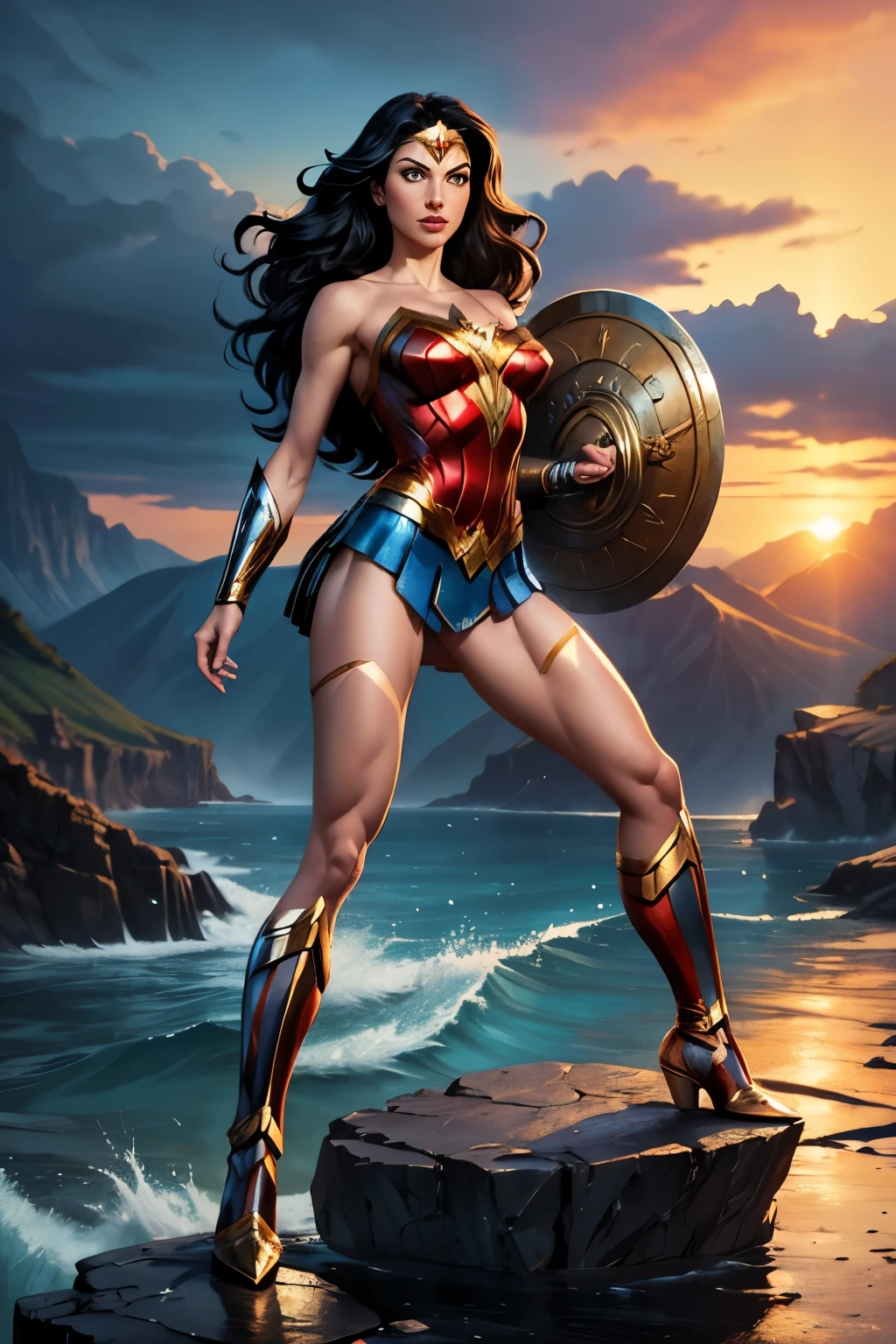 ((fantasy art)), action, heroism, grandeur, power, sensuality, dazzling shadows, expertly detailed, epic, powerful and profound. Wonder Woman from DC Comics is standing on a large rock, she is above us, bottom up view, Wonder Woman is incredibly beautiful, slender, dynamic pose, action pose, she is holding a sword and shield, her legs are slightly bent, dynamic pose, battle pose, she stares at the camera, Her hair is very long and flowing. Full body, full body body. view from below, she is on top of a large rock, the waves crash against the rock she is standing on, it is raining. Style Jim Lee, Ed Benes, Ivan Reis, Frank Cho. ((best quality)), ((masterpiece)), (high resolution: 1.2), ((best quality)), ((masterpiece)), (high resolution: 1.2)
