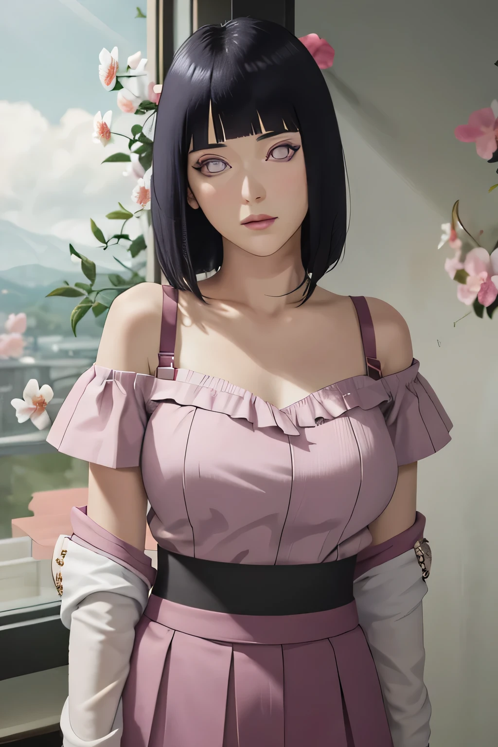 masterpiece, absurdres, hinata\(boruto\), 1girl, solo,mature female, off-shoulder strap bra, high waist short skirt, looking at viewer, (falling petals), perfect composition, detailed lips, big breast, beautiful face, body propotion, blush, (pink lips), long hair, purple eyes, soft gaze, super realistic, detailed, photoshoot, realistic face and body,