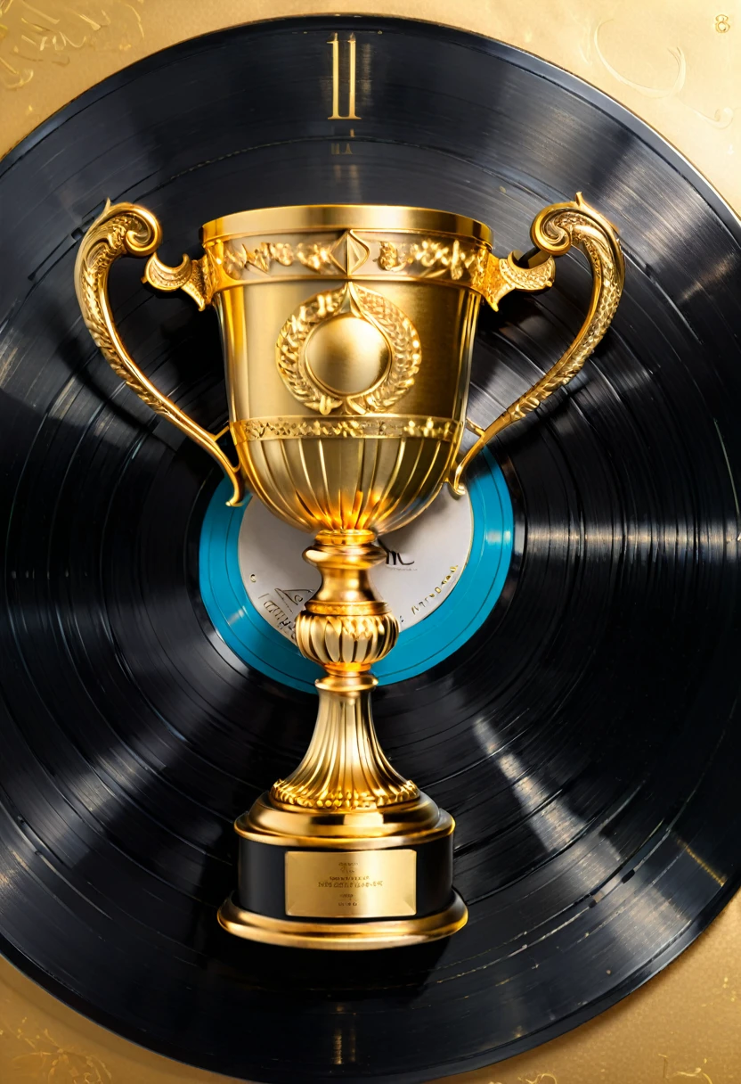 Golden Trophy, detailed background, Black vinyl record, (masterpiece, best quality, Professional, perfect composition, very aesthetic, absurdres, ultra-detailed, intricate details:1.3)