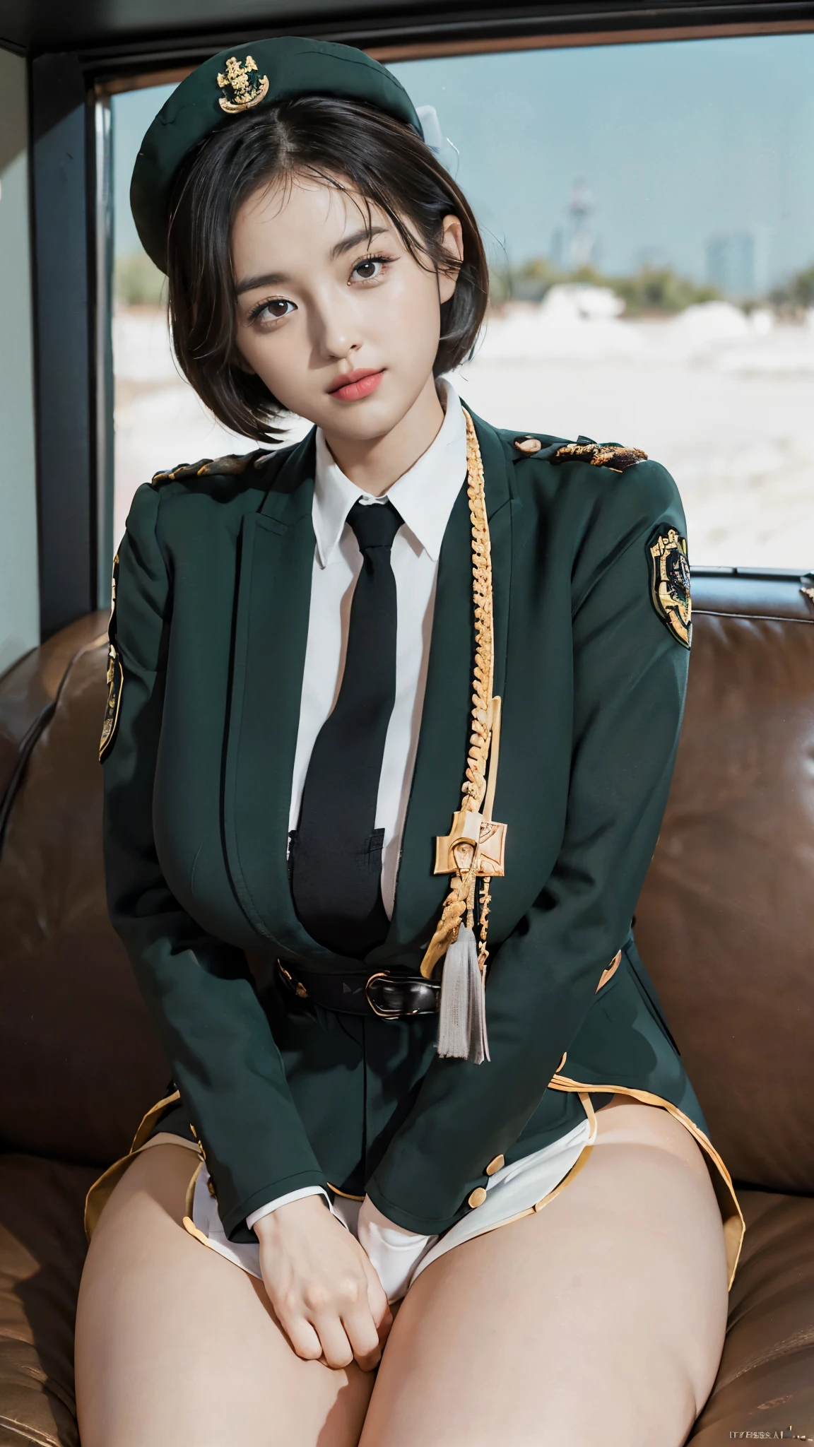 Usually detailed CG Unity 8K wallpaper，（tmasterpiece），（Best quality at best），（ultra - detailed），（ultra real photo），（best character detail：1.36），Nikon D750F / 1.4 55mm，RAW photos，profesional lighting， physically-based renderingt, 1 plump girl, girl soldier，(Dark green military uniform，Business suit，Fabric texture military uniform, perfect military composure)，(black necktie)，((white panty,))，bare-legged，Plump thighs,(military hat)，((Large wavy curls,curly hair, hair behind ear, (bob cut)):1.2)，the golden ratio,[:(Have a delicate face:1.2):0.2]:，PureErosFace_V1，Dark thick eyebrows,(gigantic breasts:1.55),(gigantic ass),(Plump thighs:1.45),(Wide crotch:1.55),((Place your finger to your breast):1.4)，Close-up shot，((Smile full of confidence， shy):1.35)，(((Close-up of panties),(Close-up of chest,closeup of face),Front view))，(Sunset sky，gentlesunlight，sunshine on face，(light shining on face)，blue-sky，Sunny smile，light glow)，white teeth，(looking at me)，(((thicc, bbwchan, thick thight, Wide hips, Buttocks swell crazily,🐎🍑,(Spread your legs widely:1.2),attractive pose,sexy pose,there  a woman in uniform sitting on the ground with her legs crossed, bare thighs, bare legs, seductive smile, film grain, cinematic lighting) )，azur lane style),spread legs,((Red flags fluttering)),black eyes，glowing skin，snow white skin，(Very close shot),(strong woman),Shot from the side