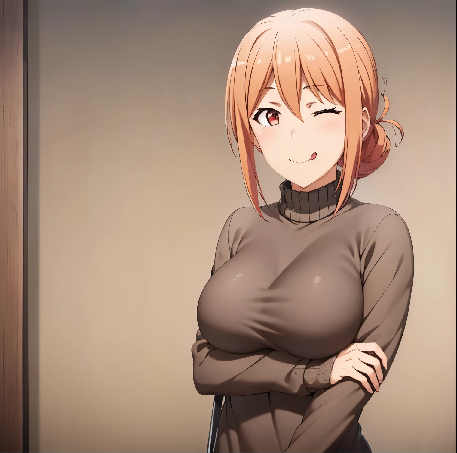 1girl, alone, yuigahama mom,(extremely detailed CG unity 8k wallpaper),(masterpiece),(best quality),(ultra-detailed),(best illustration),(best shadow),(absurdres), tongue, one eye closed, tongue out, sweater, window, v over eye, ;q, looking at viewer, hair bun, food, v, indoors, single hair bun, turtleneck, holding, smile, pink hair, breasts, perfect hands,perfect anatomy 