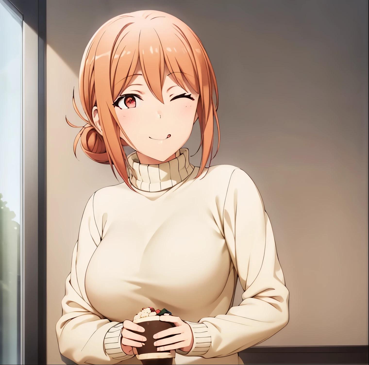 1girl, alone, yuigahama mom,(extremely detailed CG unity 8k wallpaper),(masterpiece),(best quality),(ultra-detailed),(best illustration),(best shadow),(absurdres), tongue, one eye closed, tongue out, sweater, window, v over eye, ;q, looking at viewer, hair bun, food, v, indoors, single hair bun, turtleneck, holding, smile, pink hair, breasts, perfect hands,perfect anatomy 