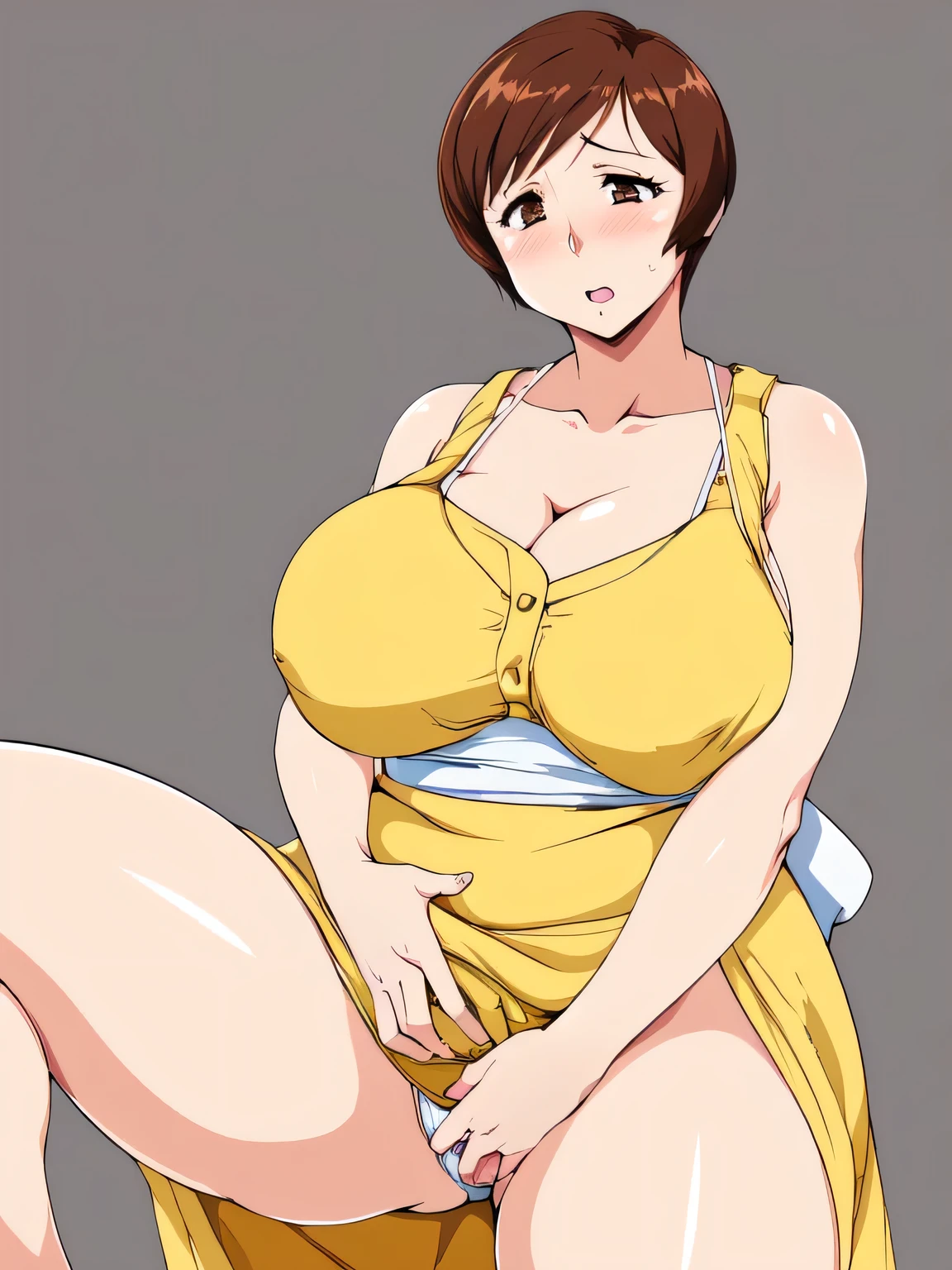 masterpiece, highest quality, High resolution, One girl, alone, sexual intercourse, Pornographic images, short hair, etsukoto, Fine grain, Fine grain, (((Thick thighs, Plump thighs, Voluptuous thighs, Enough thighs))), Big and ample breasts, Cleavage, Huge long breasts, Naughty big,((Big breasts are important))、((Naughty thighs)), L Cup, (thin:1.4),(Narrow waist:1.4), (Perfect beautiful yellow dress:1.4), ((white waist apron)), Embarrassed look, avert your eyes, (((simple background))), ((White panties)), ((Wide Hips)), Shiny oily skin, Mature mother, Calf, Seductive mature woman, Perfect body, (((Thick))), Plus Size Model, etsukoto, blush, clavicle, retro artstyle, 1990s (style), sitting, ((((female masturbation, grabbing crotch)))), (((nsfw))),