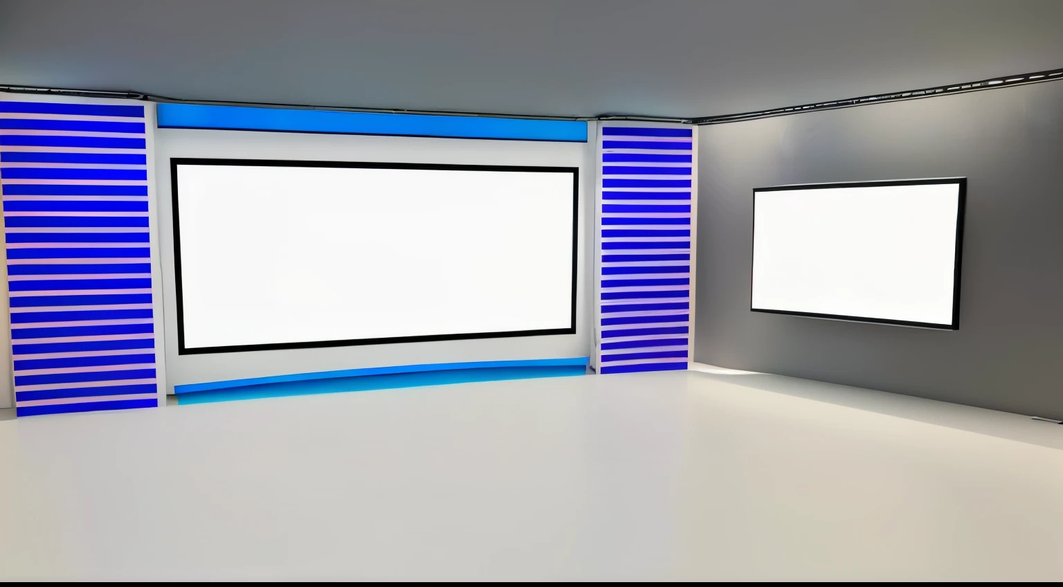 tem uma sala com tv e uma parede com listras azuis, virtual set, studio Fundo, fotografia da sala ios 3d, plain studio Fundo, tv studio, Fundo(solid), black studio Fundo color, tv screens in Fundo, ( ( 3D rendering ) ), in 3D rendering style, 3D rendering view