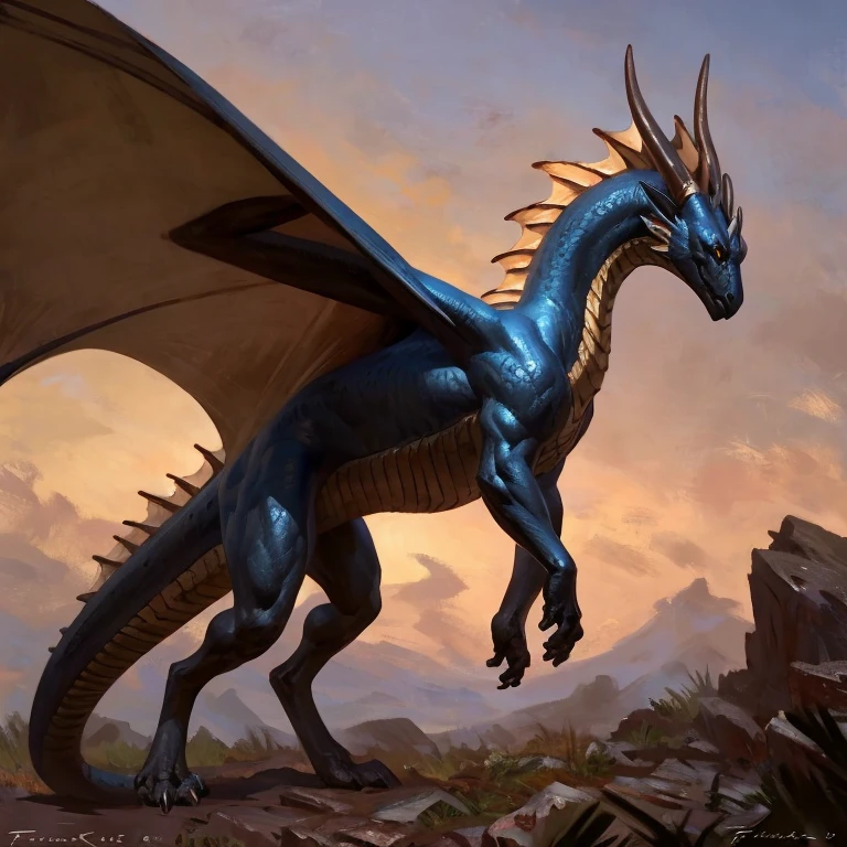 Detailed painting, by Taran Fiddler, solo, dragon, full body, feral, outside, small, bronze scales, multicolored scales, sleek body, soft rounded features, graceful, wings, amber eyes