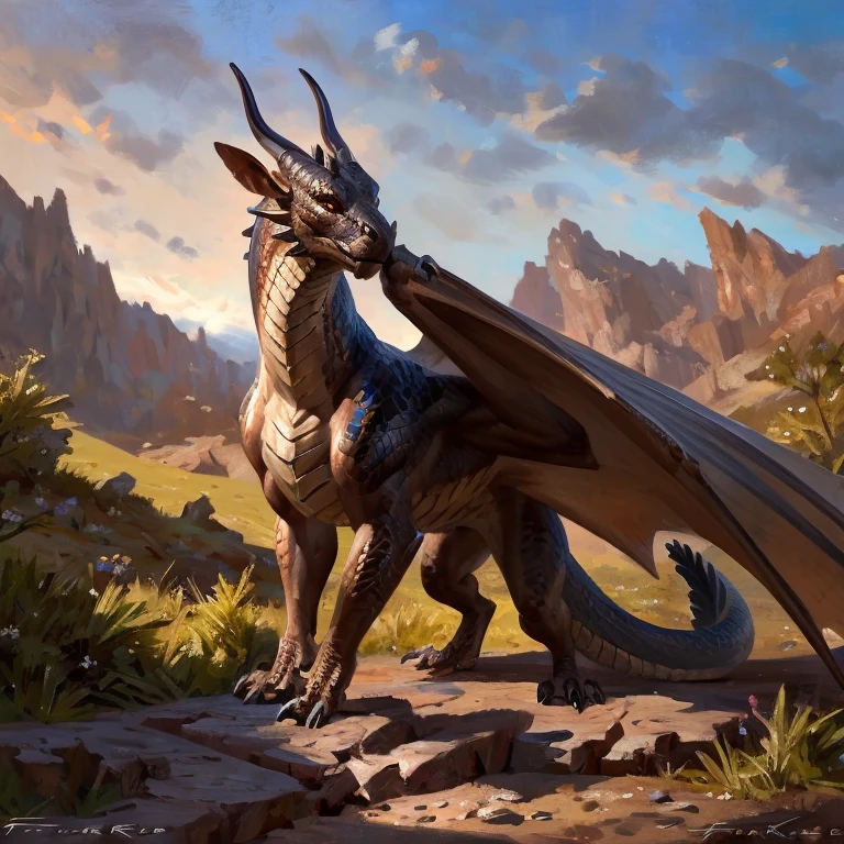 Detailed painting, by Taran Fiddler, solo, dragon, full body, feral, outside, small, bronze scales, multicolored scales, sleek body, soft rounded features, graceful, wings, amber eyes