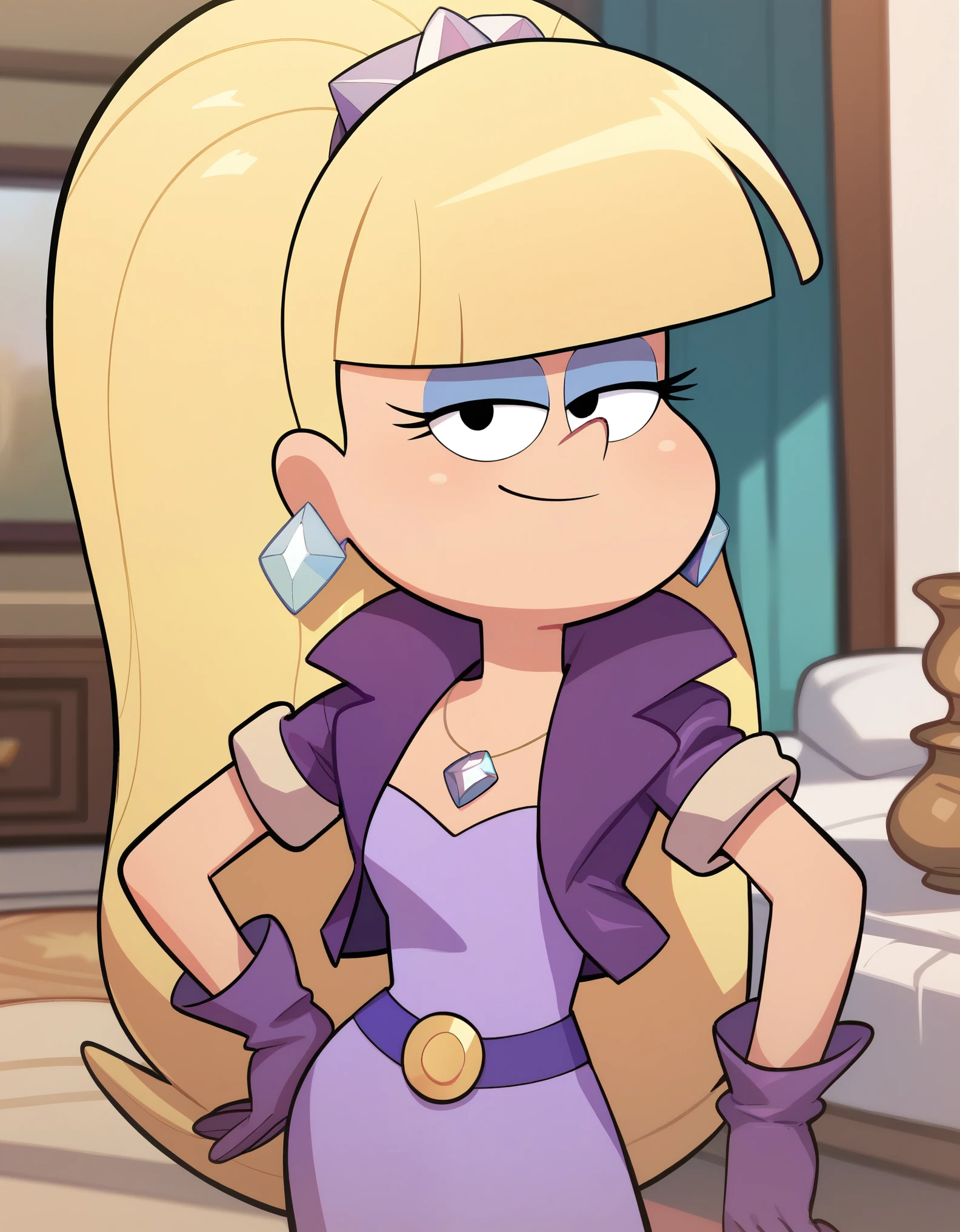 masterpiece,best quality, highly detailed, score_9, score_8_up, score_7_up, score_6_up,BREAK
 pacifica, 1girl, solo, blonde hair, gloves, jewelry, earrings, dress, long hair, purple dress, bangs,purple gloves, blunt bangs, hand on hip, smile,looking at viewer, ponytail, makeup, style parody, eyeshadow