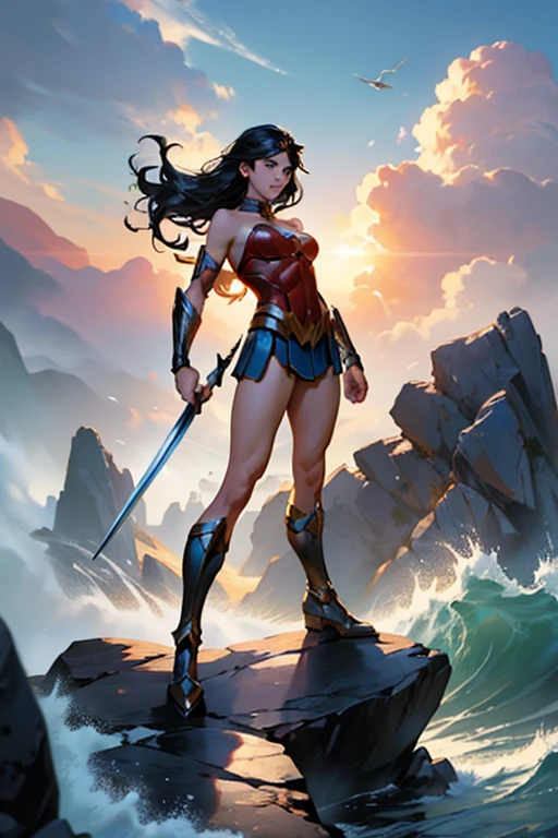 ((fantasy art)), action, heroism, grandeur, power, sensuality, dazzling shadows, expertly detailed, epic, powerful and profound. Wonder Woman from DC Comics is standing on a large rock, she is above us, bottom up view, Wonder Woman is incredibly beautiful, slender, dynamic pose, action pose, she is holding a sword and shield, her legs are slightly bent, dynamic pose, battle pose, she stares at the camera, Her hair is very long and flowing. Full body, full body body. view from below, she is on top of a large rock, the waves crash against the rock she is standing on, it is raining. Style Jim Lee, Ed Benes, Ivan Reis, Frank Cho. ((best quality)), ((masterpiece)), (high resolution: 1.2), ((best quality)), ((masterpiece)), (high resolution: 1.2)