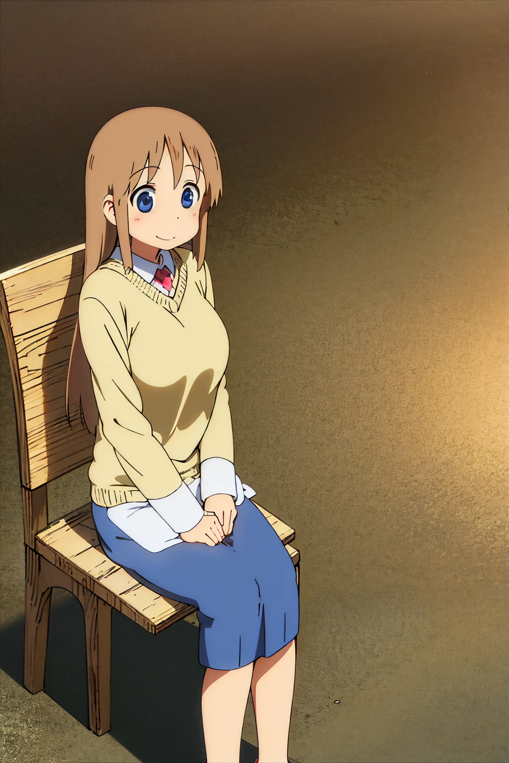 Kyoto animation, female, white, 18 year old woman, slim body, big breasts, sexy thigs, long brown hair, blue eyes, cute face, smile, brown sweater, long blue skirt, sit on the chair
