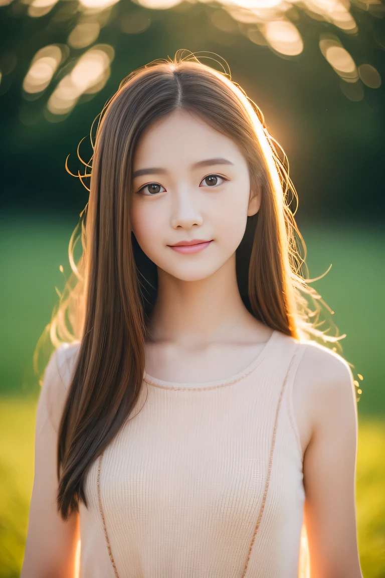 Teen Girls、drill hair、Brown hair、A slight smil、cute little、((top-quality、8K、masterpiece:1.3))、sharp focus:1.2、An ultra-high picture quality、top-quality、masterpiece、natural soft light、The upper part of the body、the setting sun, ,
