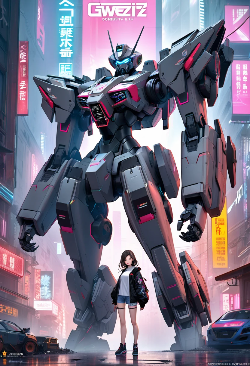 Anime girl in shorts and jacket standing next to a giant robot, artwork in the style of Gweitz, Cyberpunk Anime Girl Mecha, Trending on cgstation, Gweitz, By Russell Dongjun Lu, Digital Cyberpunk Anime Art, Lostrun 8k, Gweitz on artstation pixiv, Girl wearing mecha cyber armor