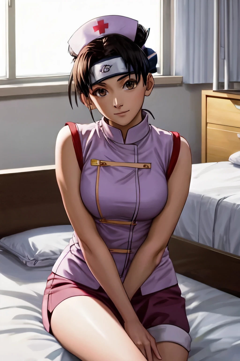 Tenten, nurse outfit, sitting on the bed, crossed legs