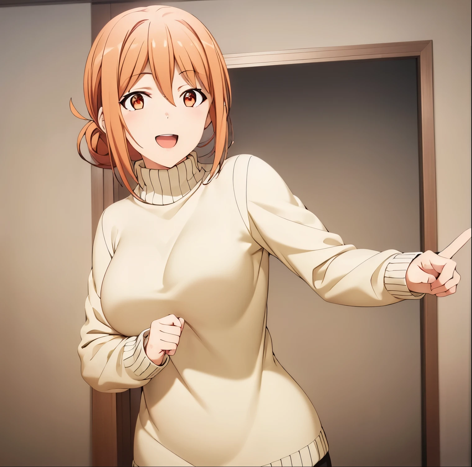 1girl, alone, yuigahama mom,(extremely detailed CG unity 8k wallpaper),(masterpiece),(best quality),(ultra-detailed),(best illustration),(best shadow),(absurdres), open mouth, smile, sweater, :d, hair between eyes, looking at viewer, turtleneck,  upper body, single hair bun, orange eyes, hair bun, shiny hair, teeth, brown eyes, solo focus, long hair, peace sign, leggings, perfect hands, perfect anatomy 