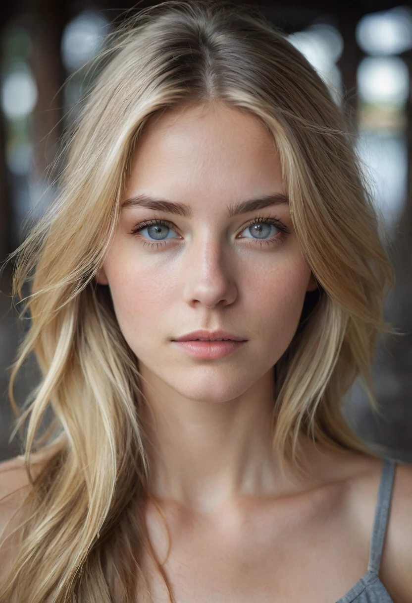 Portrait of a 25-year-old woman, raw and captivating, with long blond hair cascading down to her shoulders, framing her face that boasts gray eyes, untouched by make-up. The image is taken in a soft, blurred dock background, highlighting the jagged features of her face, and painted with natural light. Every detail is ultra-realistic, from her pores to the creases around her eyes, and the dramatic lighting adds depth and dimension to the photograph. The result is a mesmerizing and authentic portrayal of beauty, stripped down and untouched.