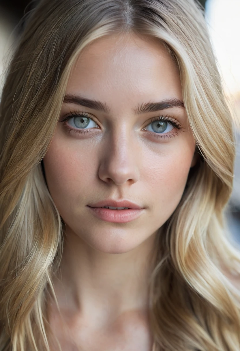Portrait of a 25-year-old woman, raw and captivating, with long blond hair cascading down to her shoulders, framing her face that boasts gray eyes, untouched by make-up. The image is taken in a soft, blurred dock background, highlighting the jagged features of her face, and painted with natural light. Every detail is ultra-realistic, from her pores to the creases around her eyes, and the dramatic lighting adds depth and dimension to the photograph. The result is a mesmerizing and authentic portrayal of beauty, stripped down and untouched.