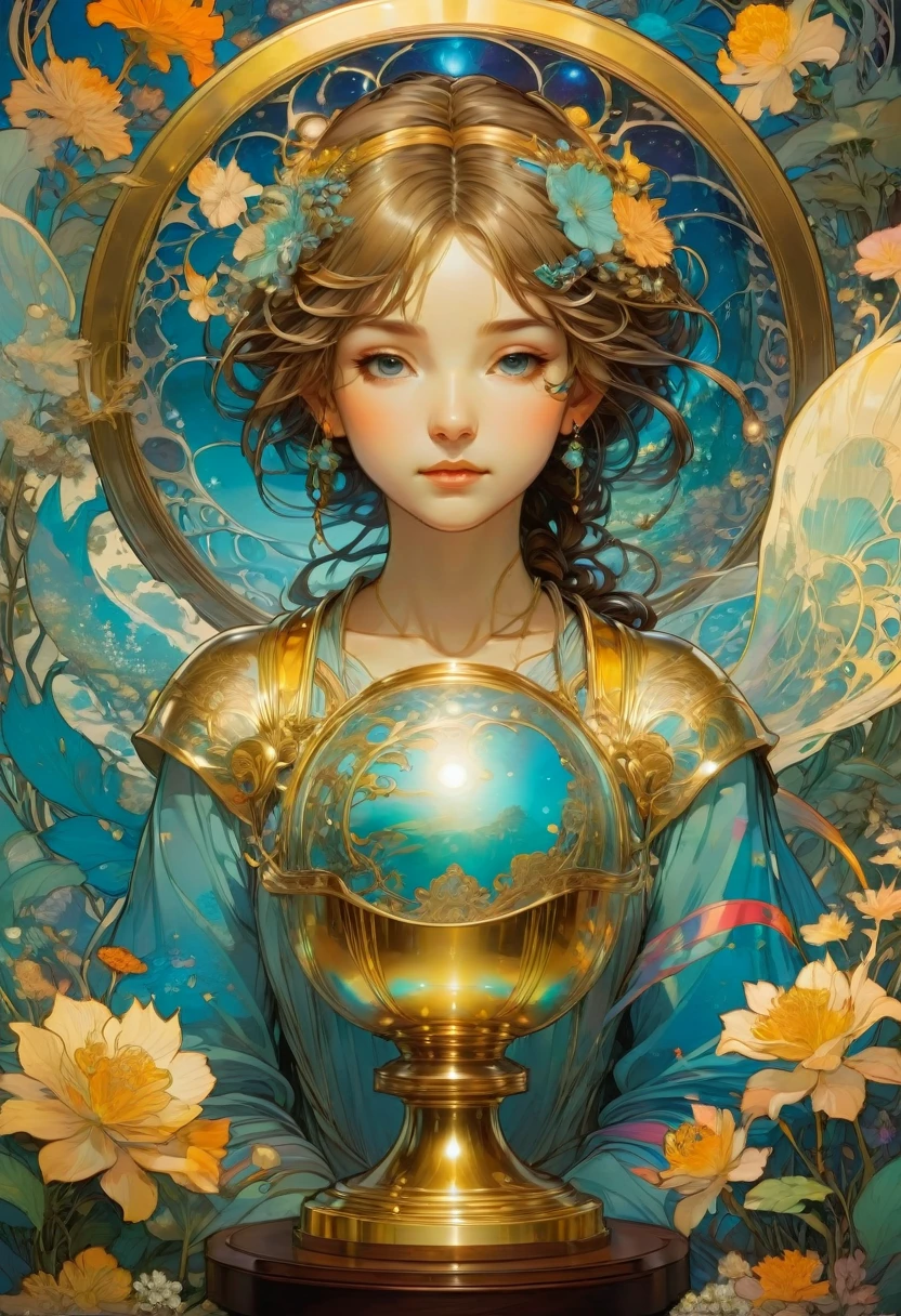 Golden Trophy, by Studio Ghibli and Alphonse Mucha, best quality, masterpiece, very aesthetic, perfect composition, intricate details, ultra-detailed