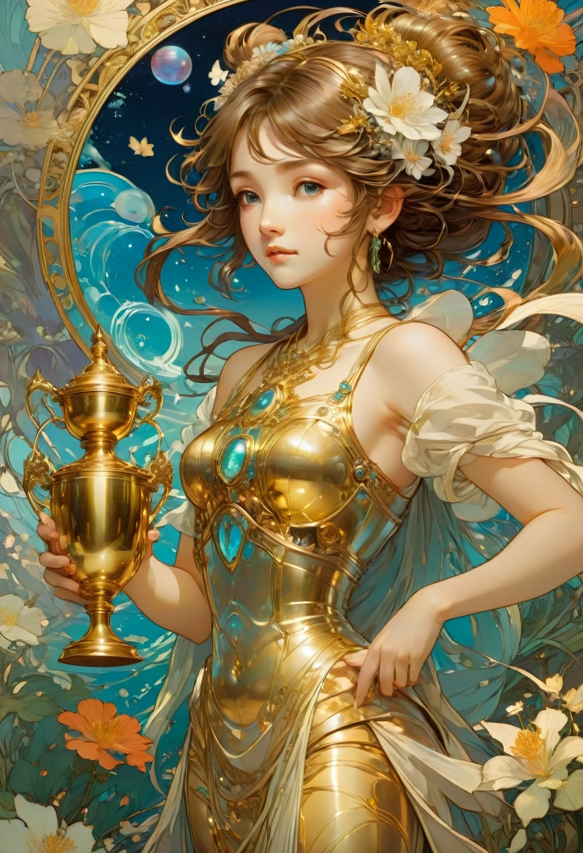 Golden Trophy, by Studio Ghibli and Alphonse Mucha, best quality, masterpiece, very aesthetic, perfect composition, intricate details, ultra-detailed