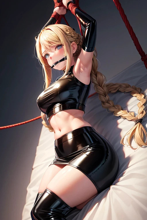 Shiny blond hair, very long hair, sophisticated haircut, ((((hair fully braided)))), ((small twisted braids)), thin and oval face, submissive, ((((tight latex crop top)))), ((((tight latex skirt)))), ((((gagged)))), cute and blushing 18 years old anime girl, look away because she is embarrassed and blushes, bright blue eyes, detailed face, detailed members, detailed arms, detailed hands, Girl lying, tied by ropes, shackled, can no longer move, tied tightly, very hard tied up with lots of ropes, hampered by so many ropes that she can no longer move, bound hands and feet, ropes tie his whole body, tied extremely tightly and forcefully to her bed by a lot of ropes, its limbs are strongly tied together by ropes, his torso is tied up with thick cords, her chest is so tied up with ropes that it sticks out, her legs are tied tightly with thick ropes, his hands are tied behind his back with ropes, she can no longer move her feet, her hands which are tied by thick ropes, she desperately tries to free herself, likes to be tied tight with big ropes, likes to be immobilized by big ropes, lying down, his hands and feet are strongly tied to the railing of his bed, his legs are pressed together and tied with ropes, its limbs are held vigorously by imposing ropes, her hands are tied securely behind her back by ropes, her chest is compressed by strong ropes, she is pressed against her bed and restrained by large ropes, (shibari, arms behind the back:1.4), (hands on the back), (masterpiece, best quality) 1.5, 1girl, solo, (sexy, beautiful woman, perfect face, perfect eyes, perfect hands), samus aran, (hands on the back), Spread the legs, s&#39; ((lie in bed by big ropes)), ((close up of the girl)), ((((lie in bed)))), ((((arms tied behind the back, Legs Tied,La fille est allongée sur le ventre, La fille est allongée sur le sol:1.5)))), ((((girl seen from behind:1.4)))), ((((girl lying down on her stomach:1.4)))), ((((Outstretched arms:1.5)))), ((((Detailed hands:1.5))))