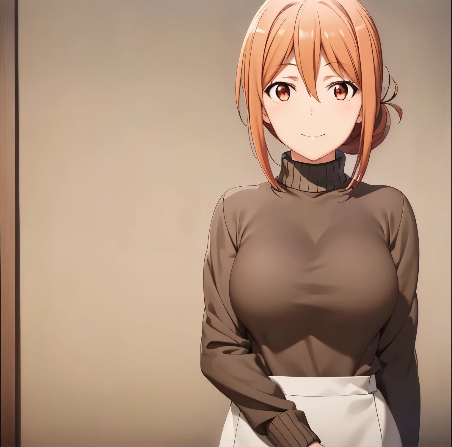 1girl, alone, yuigahama mom,(extremely detailed CG unity 8k wallpaper),(masterpiece),(best quality),(ultra-detailed),(best illustration),(best shadow),(absurdres), smile, sweater, hair bun, breasts, looking at viewer, food, single hair bun, turtleneck, brown hair, brown eyes, breasts, long sleeves, closed mouth, bangs, hair between eyes, turtleneck sweater, suspenders, upper body, indoors, vegetable, fruit, sidelocks, tomato, hands up, blurry, perfect hands, perfect anatomy 