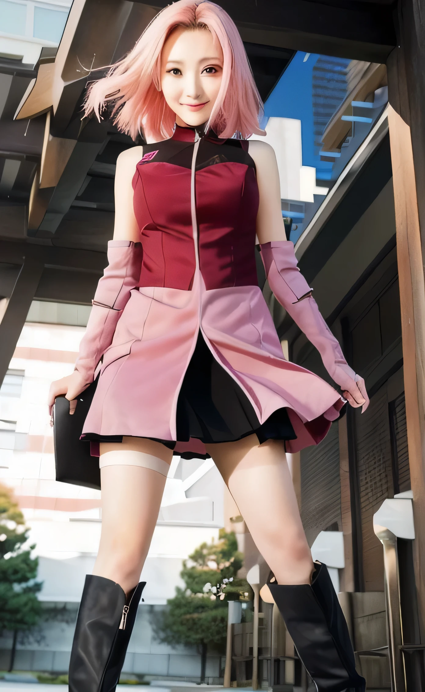 a beautiful woman in a pink dress and black boots standing in front of a building, sakura haruno.