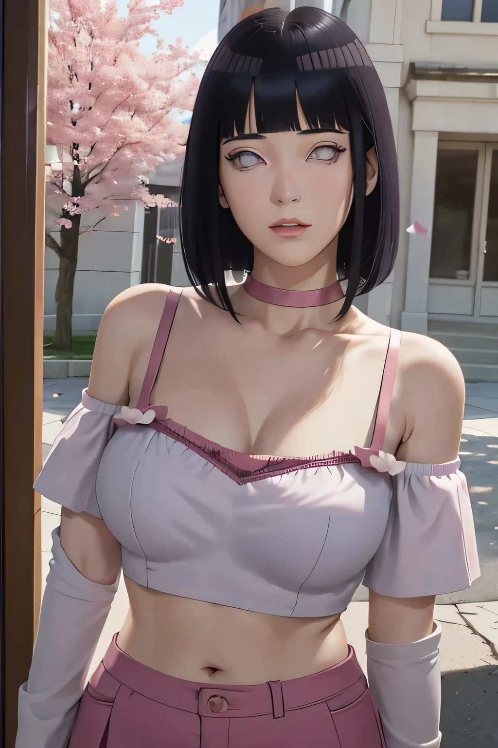 masterpiece, absurdres, hinata\(boruto\), 1girl, solo,mature female, off-shoulder strap bra, high waist short skirt, looking at viewer, (falling petals), perfect composition, detailed lips, big breast, beautiful face, body propotion, blush, (pink lips), long hair, purple eyes, soft gaze, super realistic, detailed, photoshoot, realistic face and body,