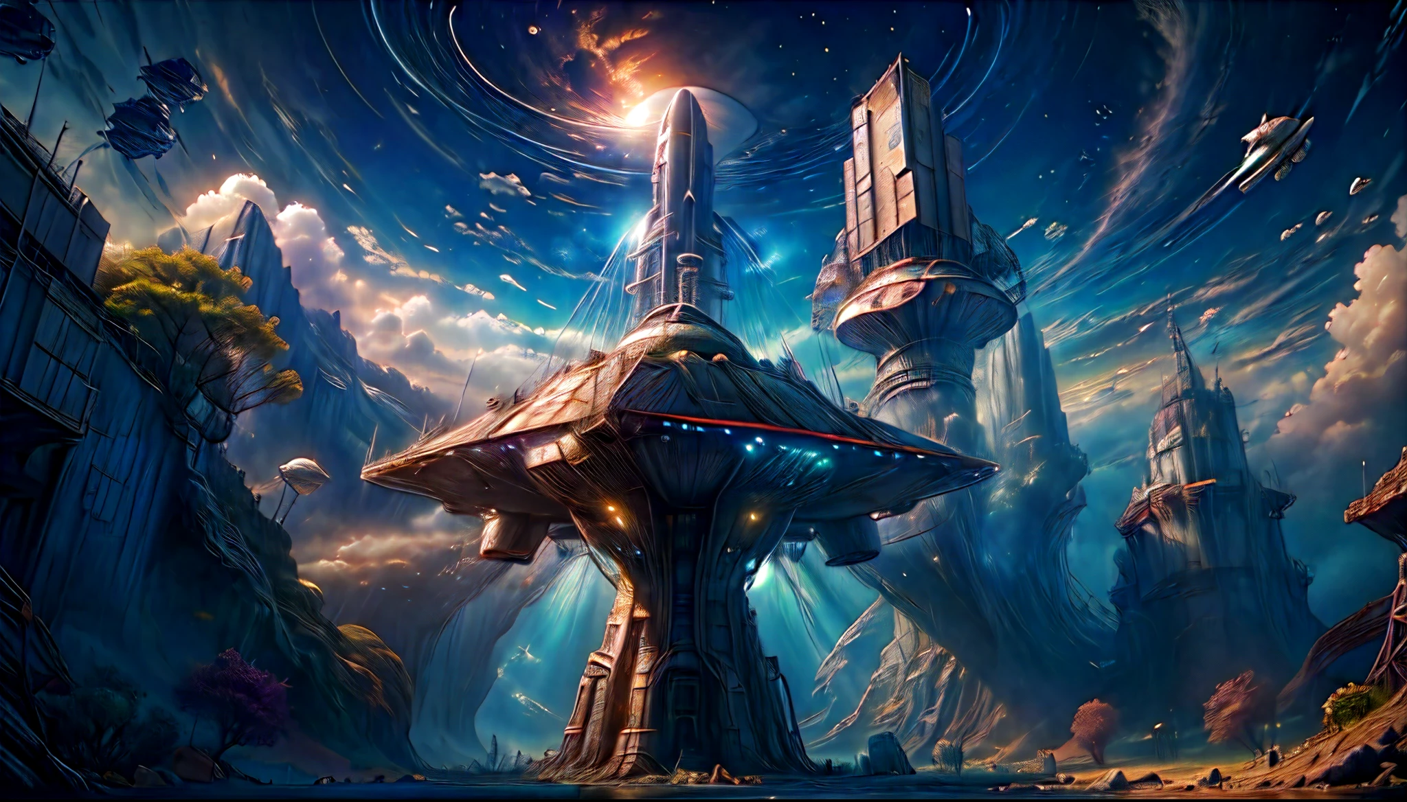 The spacecraft flies over the space station in a colorful sky, alien ship, Beautiful sci-fi art, spaceship in the sky, science fiction fantasy wallpaper, spaceship in the sky, spaceships in the cloudy sky, naves espaciais voando, naves espaciais voando above, epic fantasy science fiction illustration, naves espaciais voando around, science fiction fantasy wallpaper, science fiction art