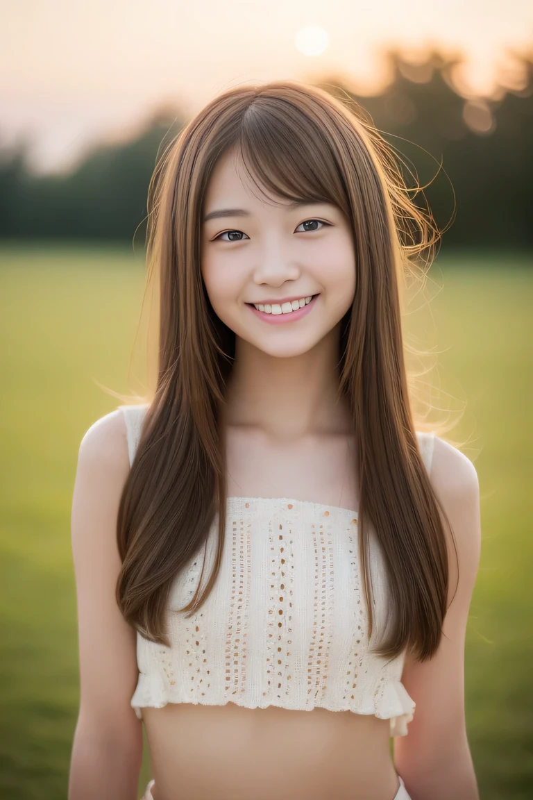 Teen Girls、drill hair、Brown hair、A slight smil、cute little、((top-quality、8K、masterpiece:1.3))、sharp focus:1.2、An ultra-high picture quality、top-quality、masterpiece、natural soft light、The upper part of the body、the setting sun, ,smile,