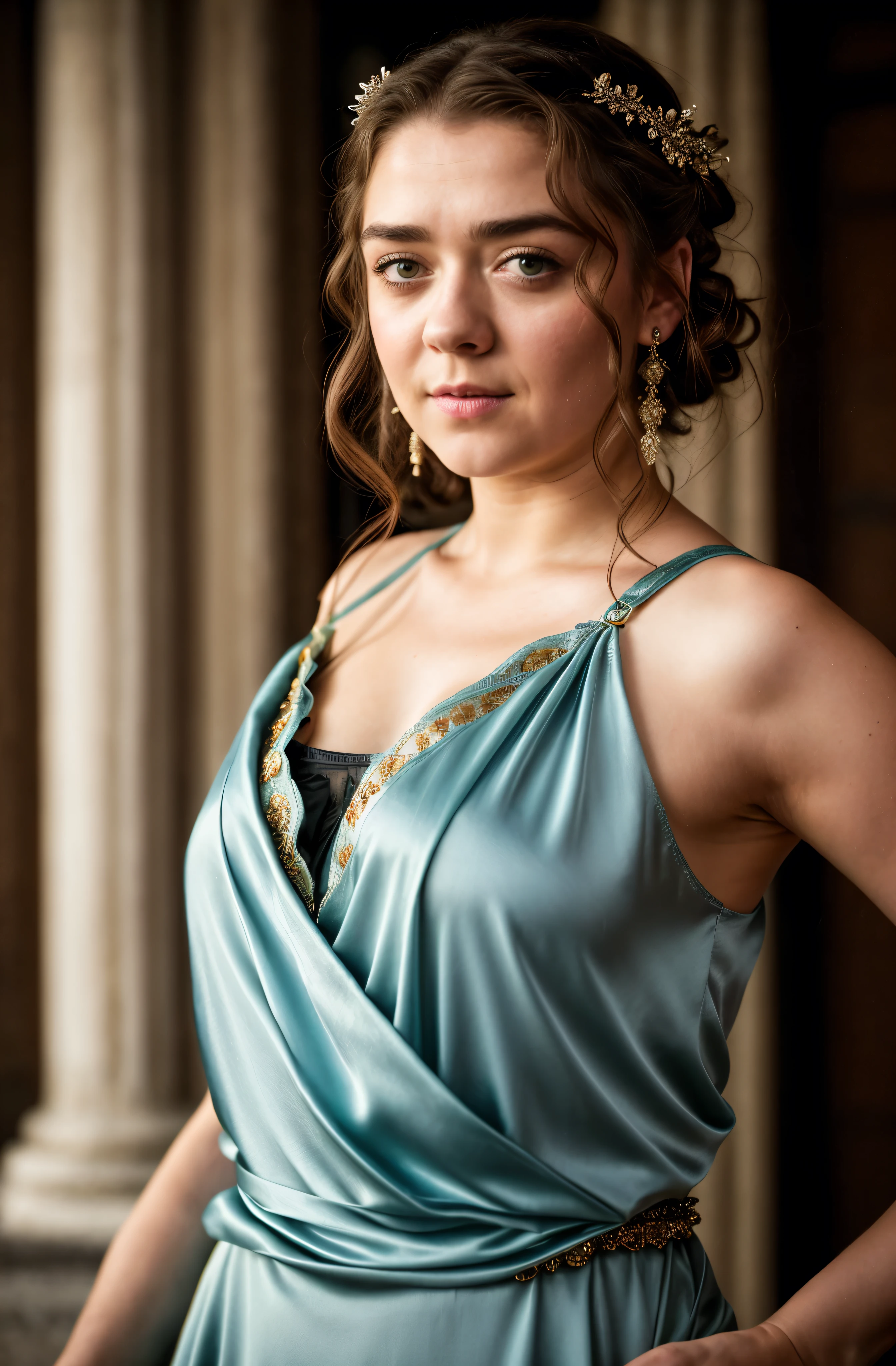 Foto RAW, Arya Stark, Stunning Beauty, Ravishing, Enchantress, Extremely gorgeous lady, Arya Stark PLAYED BY MAISIE WILLIAMS, Queen Arya Stark, she a mature woman now, milf, sexy mediaeval battle dress, gladiator woman, body, 40 years old Woman, Roman slave dress, cotton dress, busty mediaeval costumes, body revealing costumes, perky breast, big natural breast, erotic costumes, lusty physique, seductive figure can capture every people's attention, Game of thrones costumes, revealing captivating figure, Mediaeval costumes, revealing clothes, A tomboy, she would rather fence than dance, warrior queen , game of thrones screen caps, Game of Thrones Series, (pele altamente detalhada: 1.2), 8k UHD, DSLR, soft-lighting, alta qualidade, grain of film, Fujifilm XT3, flawless picture, highly detailed, detailed Beauty, intricate, 32k, sharp picture,