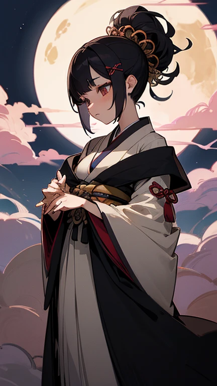 ((highest quality)), ((masterpiece)), (detailed), Perfect Face, Oiran, Big full moon in the background, A bewitching atmosphere illuminated by moonlight, Hairstyle is Yokohyōgo, Wearing a kimono with a flashy Japanese pattern, She has many gorgeous hairpins in her hair., Biologically correct five fingers, (Holding a kissel in his right hand), Black Hair, Japanese, Oiranっぽいメイク, Her kimono is loosely fitted and her shoulders are exposed., Ample breasts, I can see a little cleavage,