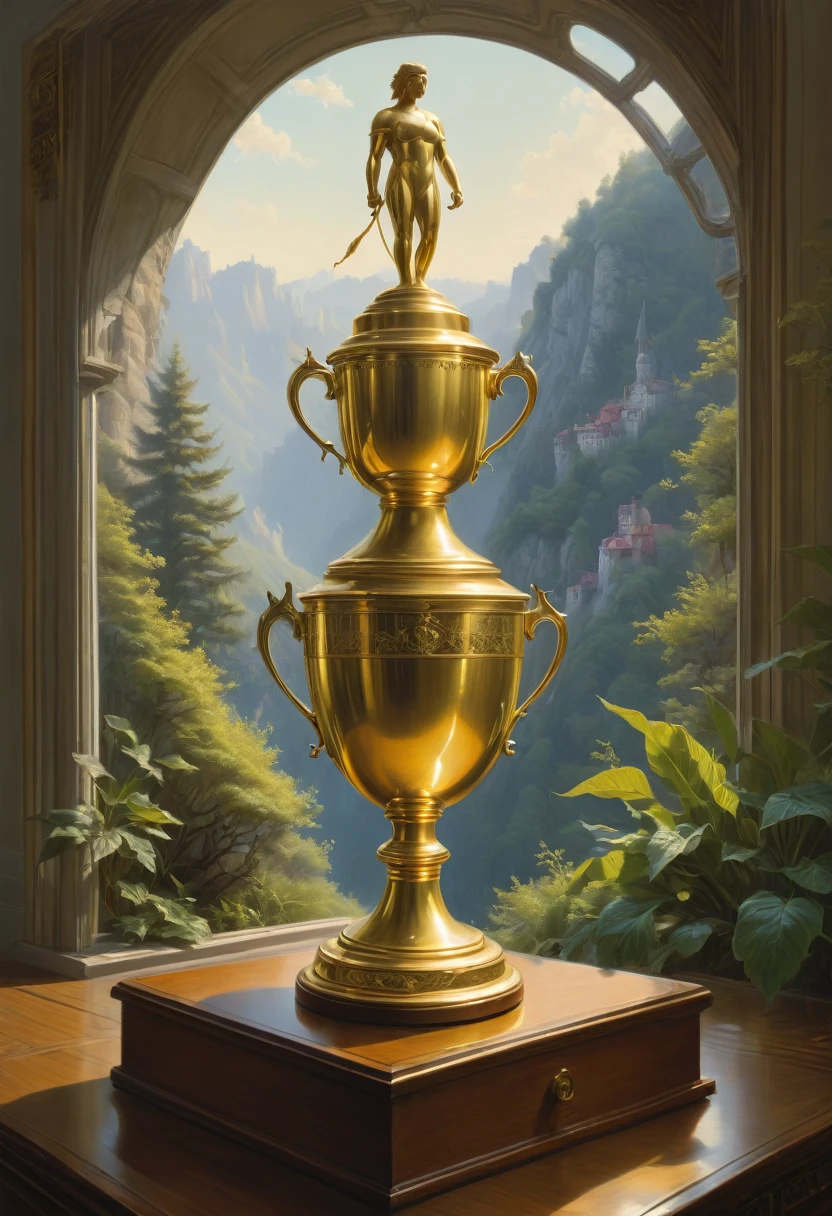Golden Trophy, by Quint Buchholz, best quality, masterpiece, very aesthetic, perfect composition, intricate details, ultra-detailed