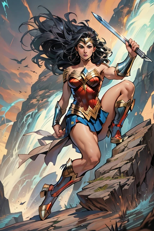 ((fantasy art)), action, heroism, grandeur, power, sensuality, dazzling shadows, expertly detailed, epic, powerful and profound. Wonder Woman from DC Comics is standing on a large rock, she is above us, we have a view from below, Wonder Woman is incredibly beautiful, slender, dynamic pose, action pose, knees slightly bent, she is holding a sword in her right hand and shield in her left hand, her legs are slightly bent, dynamic pose, battle pose, she stares at the camera, Her hair is very long and flowing. Full body, full body body. view from below, she is on top of a large rock, the waves crash against the rock she is standing on, it is raining. Style Jim Lee, Ed Benes, Ivan Reis, Frank Cho. ((best quality)), ((masterpiece)), (high resolution: 1.2), ((best quality)), ((masterpiece)), (high resolution: 1.2)