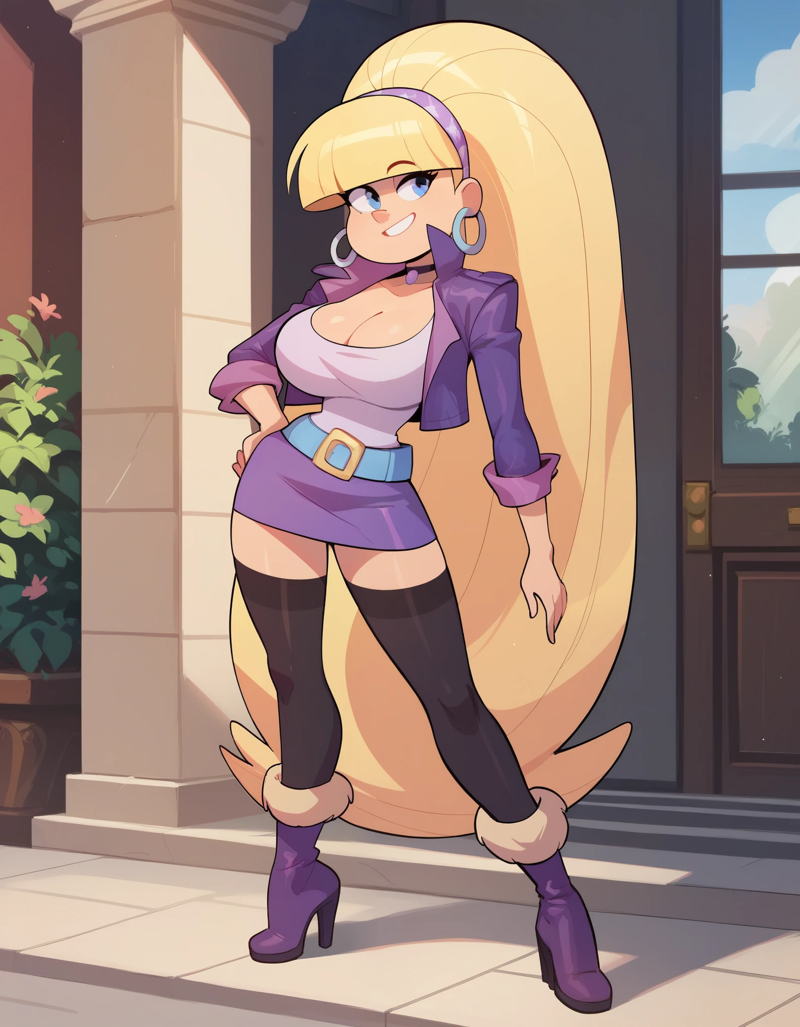 masterpiece,best quality, highly detailed, score_9, score_8_up, score_7_up, score_6_up,BREAK
pacifica, 1girl, breasts, solo, blonde hair, cleavage, hoop earrings, long hair, boots, thighhighs, very long hair, blue eyes, large breasts, smile, earrings, jewelry, belt, black thighhighs, full body, ponytail, choker, bangs, blunt bangs, high heels, jacket, hairband, skirt, cropped jacket