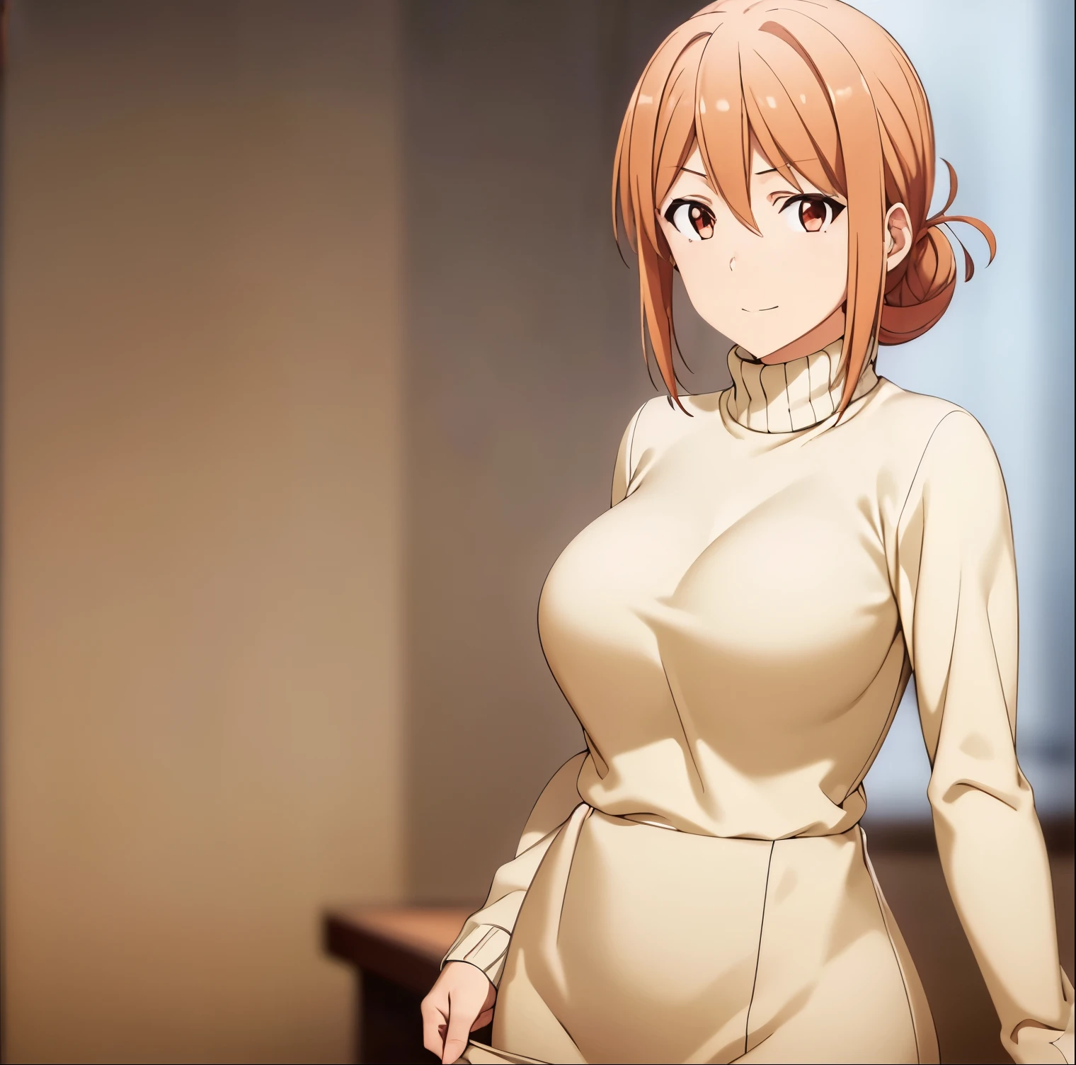 1girl, alone, yuigahama mom,ribbed sweater,turtleneck,beige_apron, purple bowtie,pencil skirt, hair_between_eyes, hair_bun, brown_hair,brown_eyes,Young female,Beautiful Finger,Beautiful long legs,Beautiful body,Beautiful Nose,Beautiful character design, perfect eyes, perfect face,expressive eyes, looking at viewer, in the center of the image,(light_smile:0.5), official art,extremely detailed CG unity 8k wallpaper, perfect lighting,Colorful, Bright_Front_face_Lighting,shiny skin, (masterpiece:1.0),(best_quality:1.0), ultra high res,4K,ultra-detailed, photography, 8K, HDR, highres, absurdres:1.2, Kodak portra 400, film grain, blurry background, bokeh:1.2, lens flare, (vibrant_color:1.2) (Beautiful,large_Breasts:1.0), (beautiful_face:1.5),(narrow_waist), perfect hands, perfect anatomy