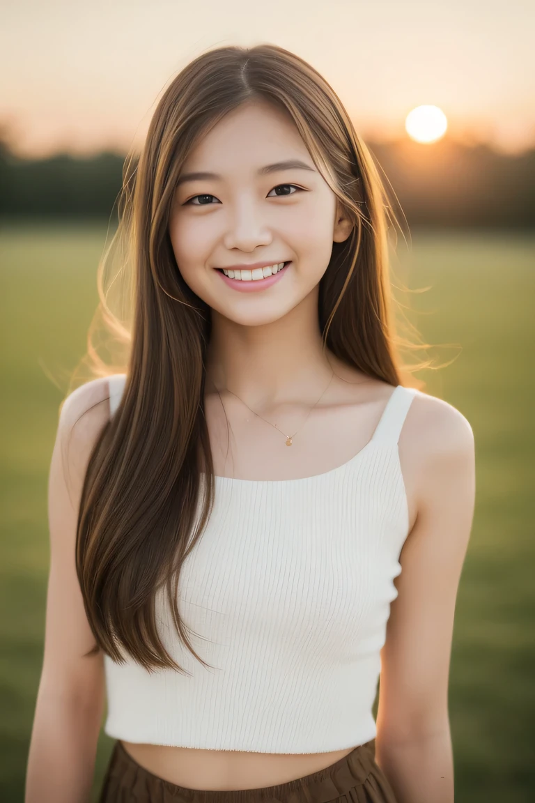 Teen Girls、drill hair、Brown hair、A slight smil、cute little、((top-quality、8K、masterpiece:1.3))、sharp focus:1.2、An ultra-high picture quality、top-quality、masterpiece、natural soft light、The upper part of the body、the setting sun, ,cute smile,