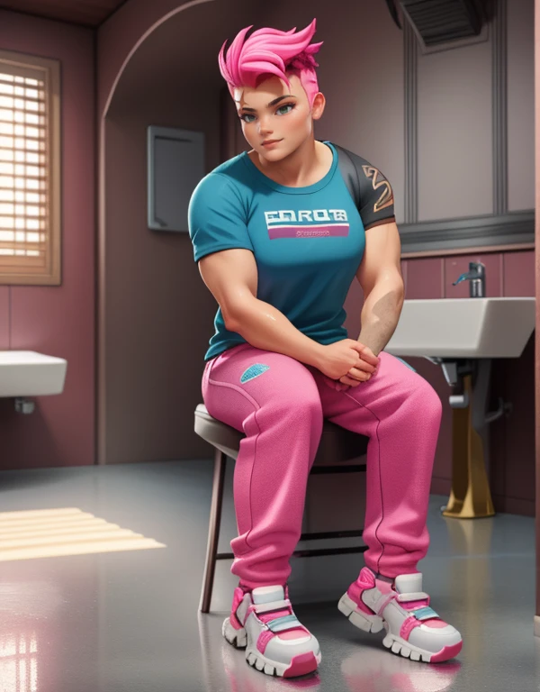 (masterpiece, best quality), intricate details,
1girl, zarya, pink T-shirt, pink sweatpants, full body, restroom, sitting, wet, shy, smiling