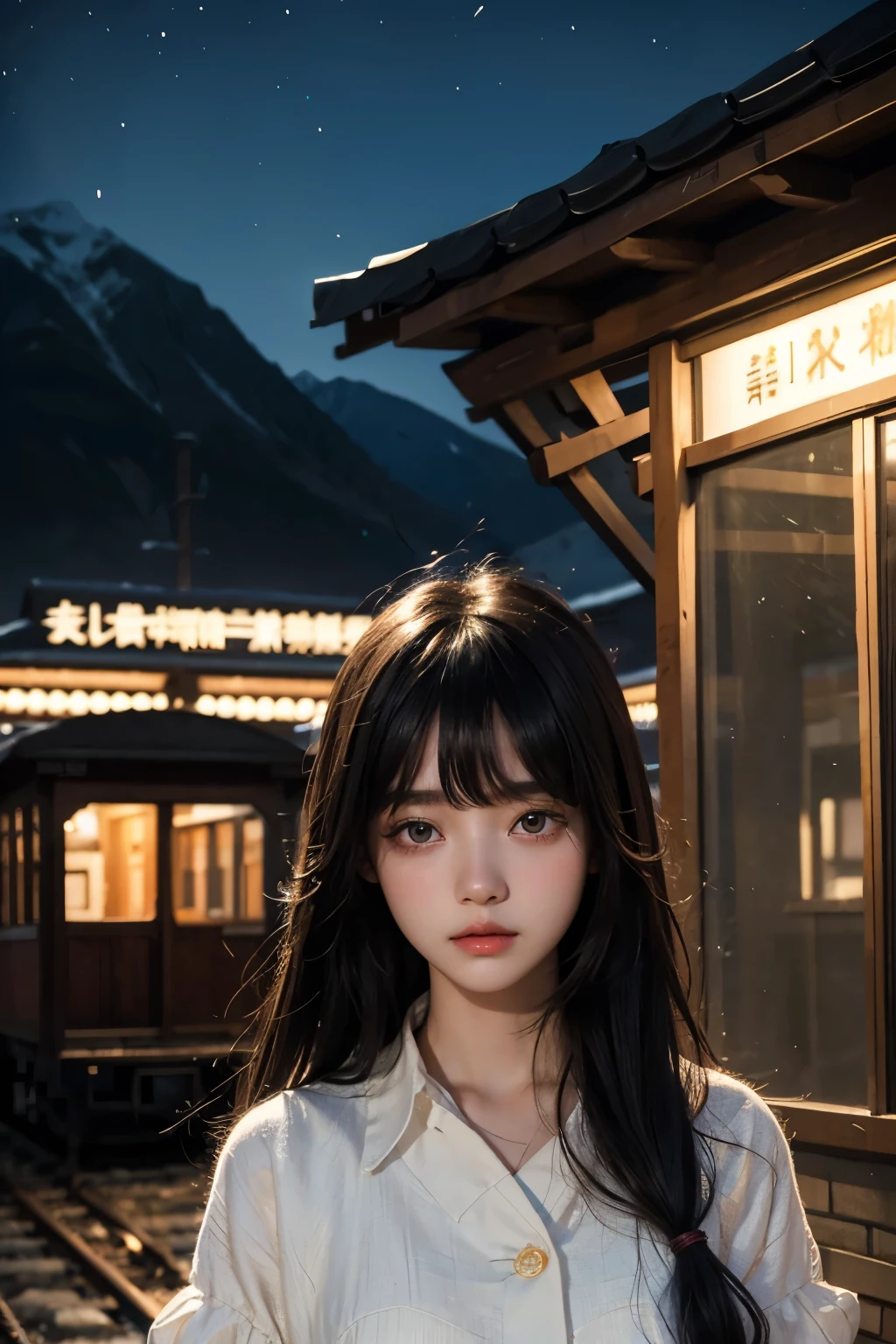 One beautiful woman。Beautiful double eyelids。Straight nose。Well-shaped lips。With black hair、She has her bangs down。Twenty years old。She is standing alone at a deserted station deep in the mountains.。Midnight。She has a tense expression。Masterpiece。