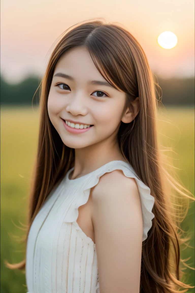 Teen Girls、drill hair、Brown hair、A slight smil、cute little、((top-quality、8K、masterpiece:1.3))、sharp focus:1.2、An ultra-high picture quality、top-quality、masterpiece、natural soft light、The upper part of the body、the setting sun, ,cute smile,