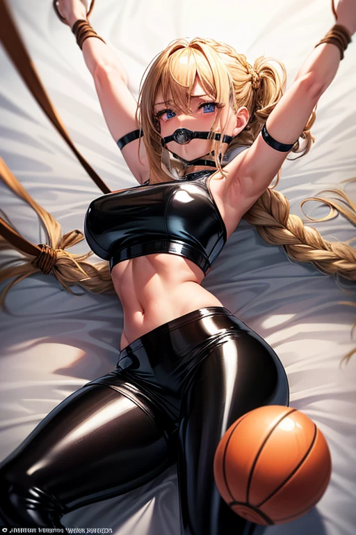 Shiny blond hair, very long hair, sophisticated haircut, ((((hair fully braided)))), ((small twisted braids)), thin and oval face, submissive, ((((tight latex crop top)))), ((((tight latex skirt)))), (((gagged with a fine ball gag:1.4))),cute and blushing 18 years old anime girl,look away because she is embarrassed and blushes,bright blue eyes,detailed face,detailed members,detailed arms,detailed hands, Girl lying, tied by ropes, shackled, can no longer move, tied tightly, very hard tied up with lots of ropes, hampered by so many ropes that she can no longer move, bound hands and feet, ropes tie his whole body, tied extremely tightly and forcefully to her bed by a lot of ropes, its limbs are strongly tied together by ropes, his torso is tied up with thick cords, her chest is so tied up with ropes that it sticks out, her legs are tied tightly with thick ropes, his hands are tied behind his back with ropes, she can no longer move her feet, her hands which are tied by thick ropes, she desperately tries to free herself, likes to be tied tight with big ropes, likes to be immobilized by big ropes, lying down, his hands and feet are strongly tied to the railing of his bed, his legs are pressed together and tied with ropes, its limbs are held vigorously by imposing ropes, her hands are tied securely behind her back by ropes, her chest is compressed by strong ropes, she is pressed against her bed and restrained by large ropes, (shibari, arms behind the back:1.4), (hands on the back), (masterpiece, best quality) 1.5, 1girl, solo, (sexy, beautiful woman, perfect face,perfect eyes,perfect hands), samus aran, (hands on the back), Spread the legs, s' ((lie in bed by big ropes)), ((close up of the girl)), ((((lie in bed)))), ((((arms tied behind the back, Legs Tied,La fille est allongée sur le ventre, La fille est allongée sur le sol:1.5)))), ((((girl seen from behind:1.4)))), ((((girl lying down on her stomach:1.4)))), ((((Outstretched arms:1.5)))), ((((Detailed hands:1.5))))