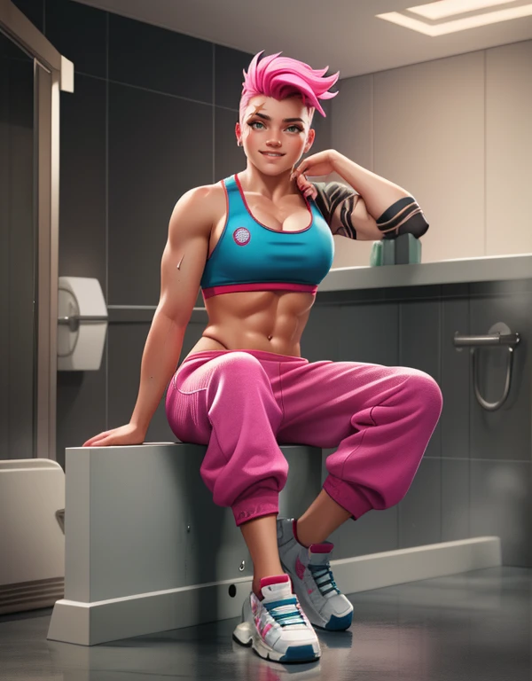 (masterpiece, best quality), intricate details,
1girl, zarya, sports bra, pink sweatpants, full body, restroom, sitting, wet, shy, smiling,