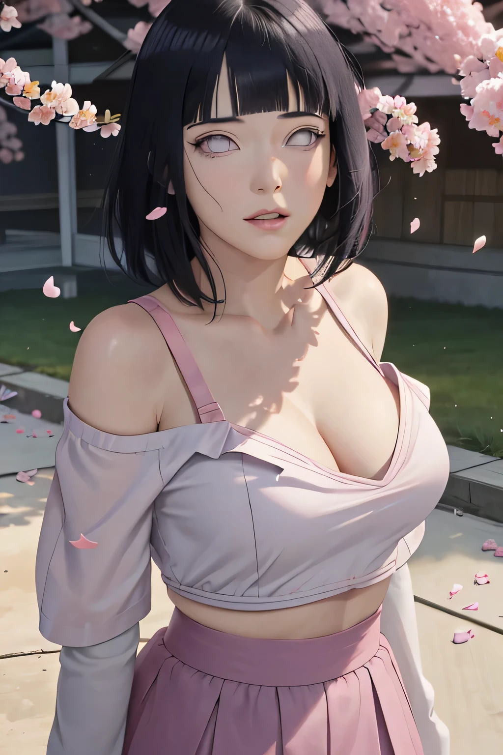 masterpiece, absurdres, hinata\(boruto\), 1girl, solo,mature female, off-shoulder strap bra, high waist short skirt, looking at viewer, (falling petals), perfect composition, detailed lips, big breast, beautiful face, body propotion, blush, (pink lips), long hair, purple eyes, soft gaze, super realistic, detailed, photoshoot, realistic face and body,