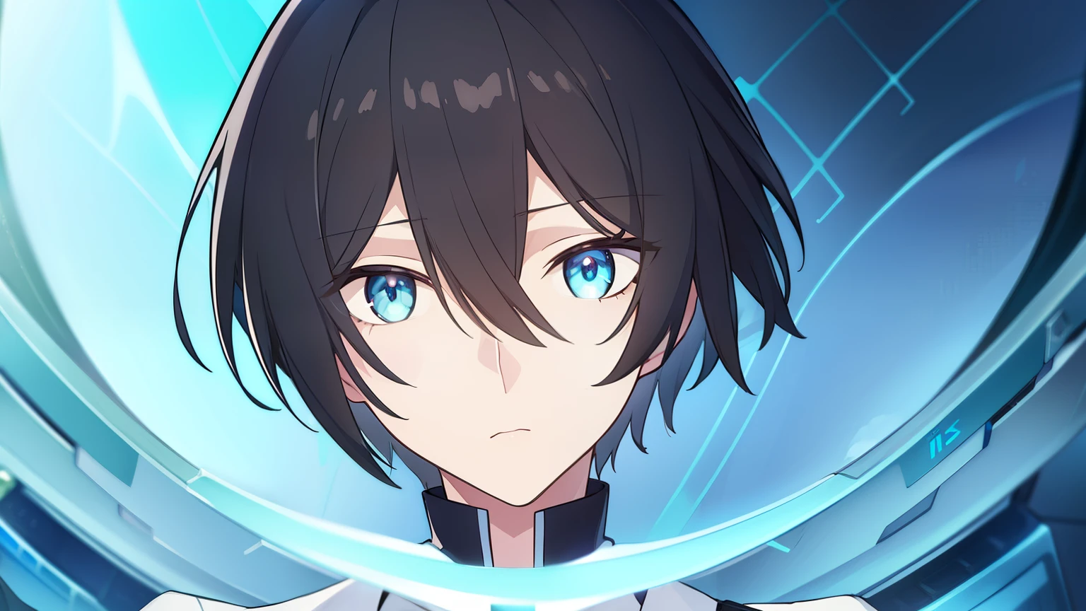 1male, black hair, cerulean blue eyes, short hair, white pharmacist coat, futuristic, visual novel cg style, BREAK looking at viewer, BREAK (masterpiece:1.2), best quality, high resolution, unity' 8k wallpaper, (illustration:0.8), (beautiful detailed eyes:1.6), extremely detailed face, perfect lighting, extremely detailed CG, (perfect hands, perfect anatomy)