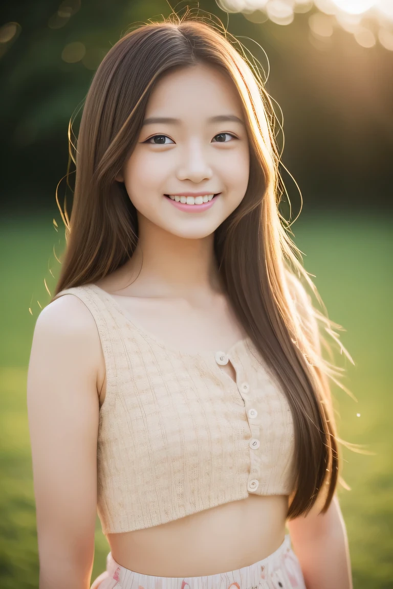 Teen Girls、drill hair、Brown hair、A slight smil、cute little、((top-quality、8K、​masterpiece：1.3))、sharp focus：1.2、An ultra-high picture quality、top-quality、​masterpiece、natural soft light、The upper part of the body、the setting sun, ,cute smile,