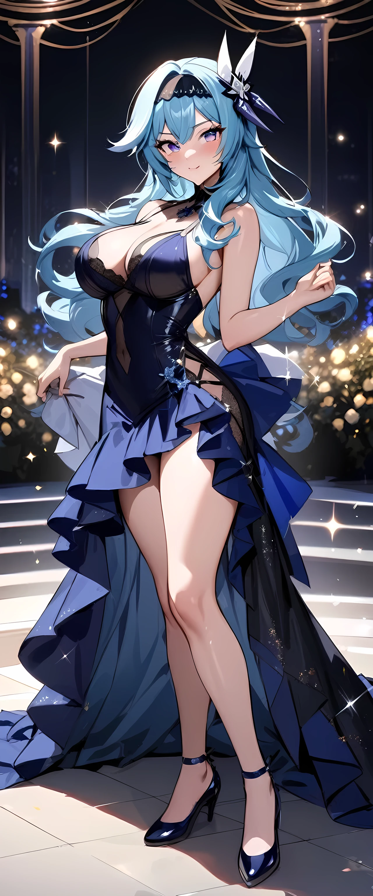 (masterpiece), best quality, expressive eyes, perfect face,(glitters:0.9), (Sparkle:0.9), (Shine:0.9),Eula,genshin impact ,Idol girl,Beautiful and delicate face and hair,cowboy shot,wavy hair，prom dress，Lace，folds，Ruffles， stocklinguffin shoes，Seductive pose，The background is a luxurious stage，the night，Ready to get started,smiles,(big breasts)