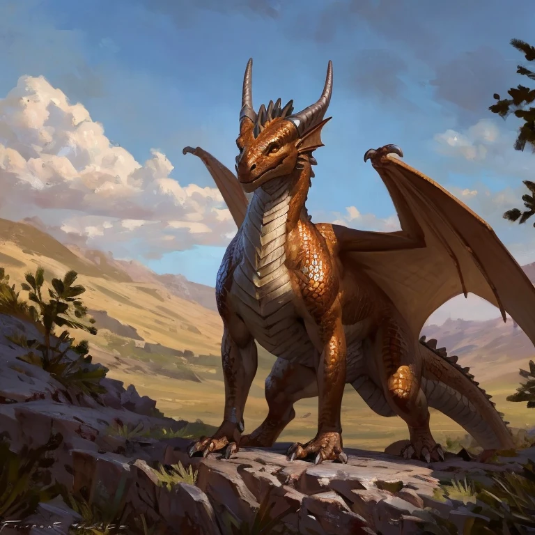 Detailed painting, by Taran Fiddler, solo, dragon, full body, feral, outside, small dragoness, dainty, friendly, bronze scales, colorful scales, multiple colors, wings, amber eyes