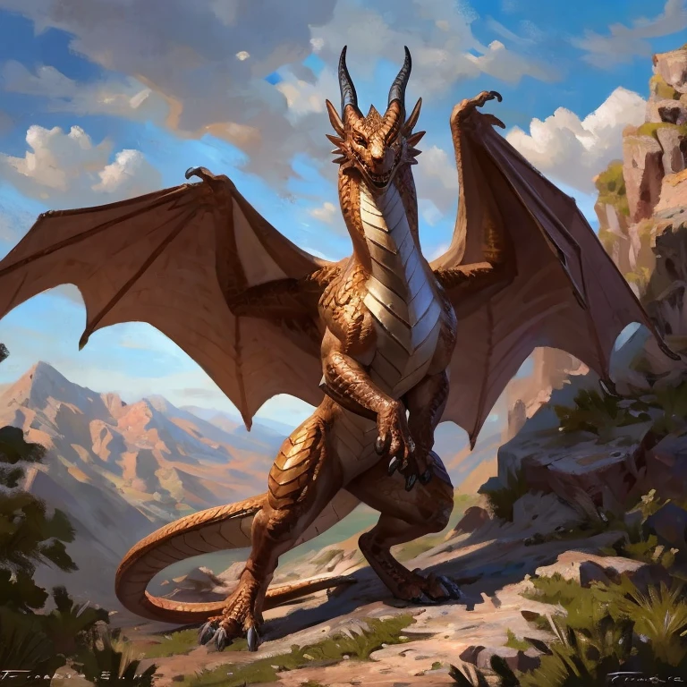 Detailed painting, by Taran Fiddler, solo, dragon, full body, feral, outside, small dragoness, dainty, friendly, bronze scales, colorful scales, multiple colors, wings, amber eyes